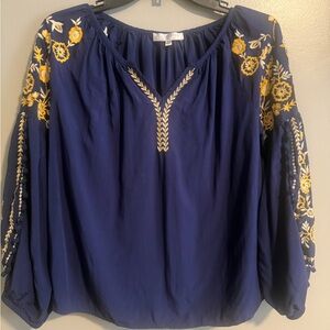Solitaire Navy Blue Boho Blouse with Yellow Embroidery peasant top size Medium